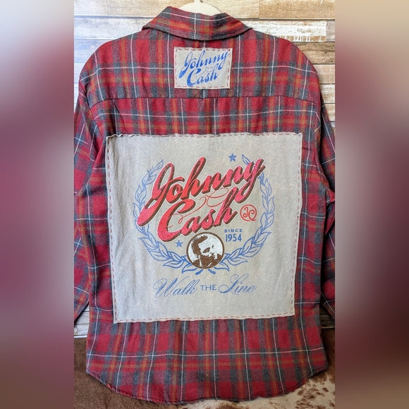 Johnny Cash I Walk The Line Upcycled Handcrafted Flannel Shirt - Picture 2 of 15